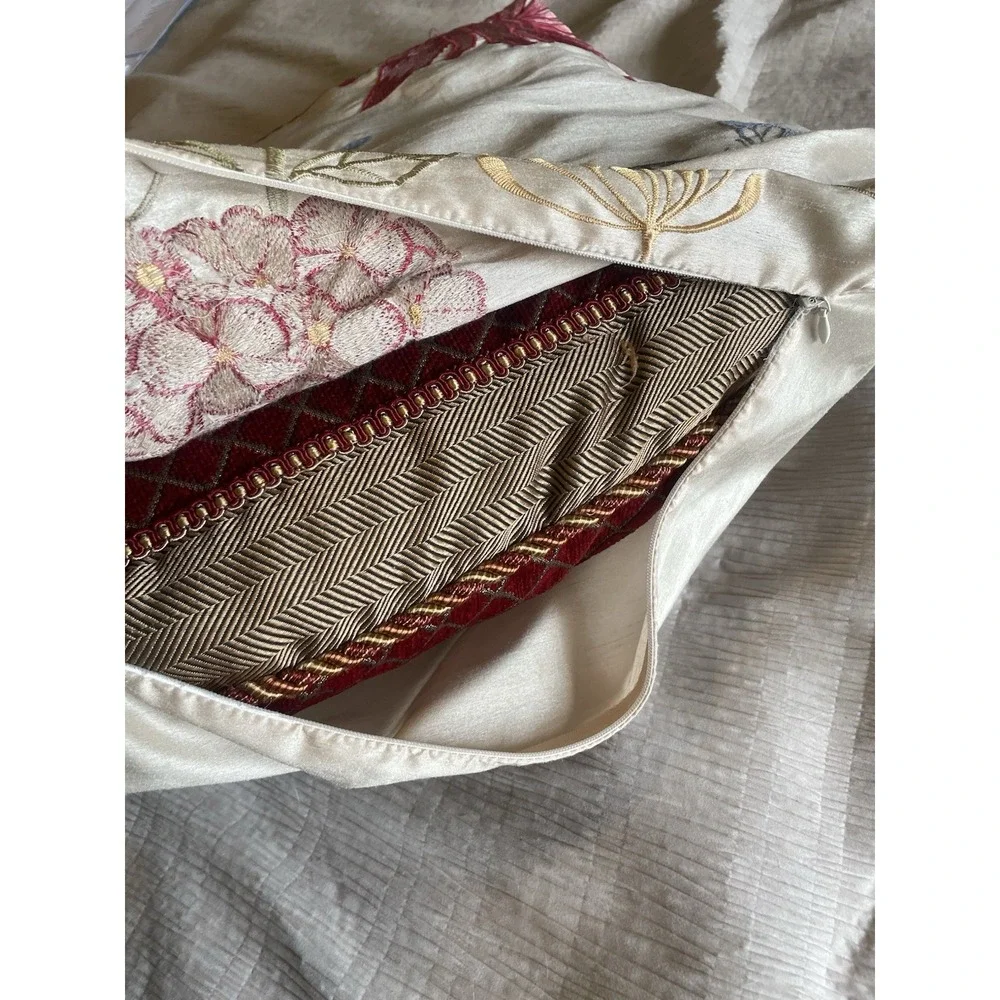 Vintage Satin Embroidered Floral Hummingbird Cottagecore Accent Pillow 17